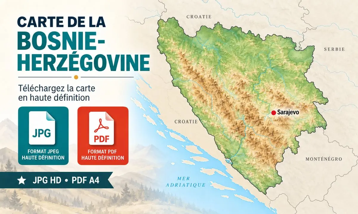 Carte de la Bosnie-Herzégovine HD : villes, frontières et littoral