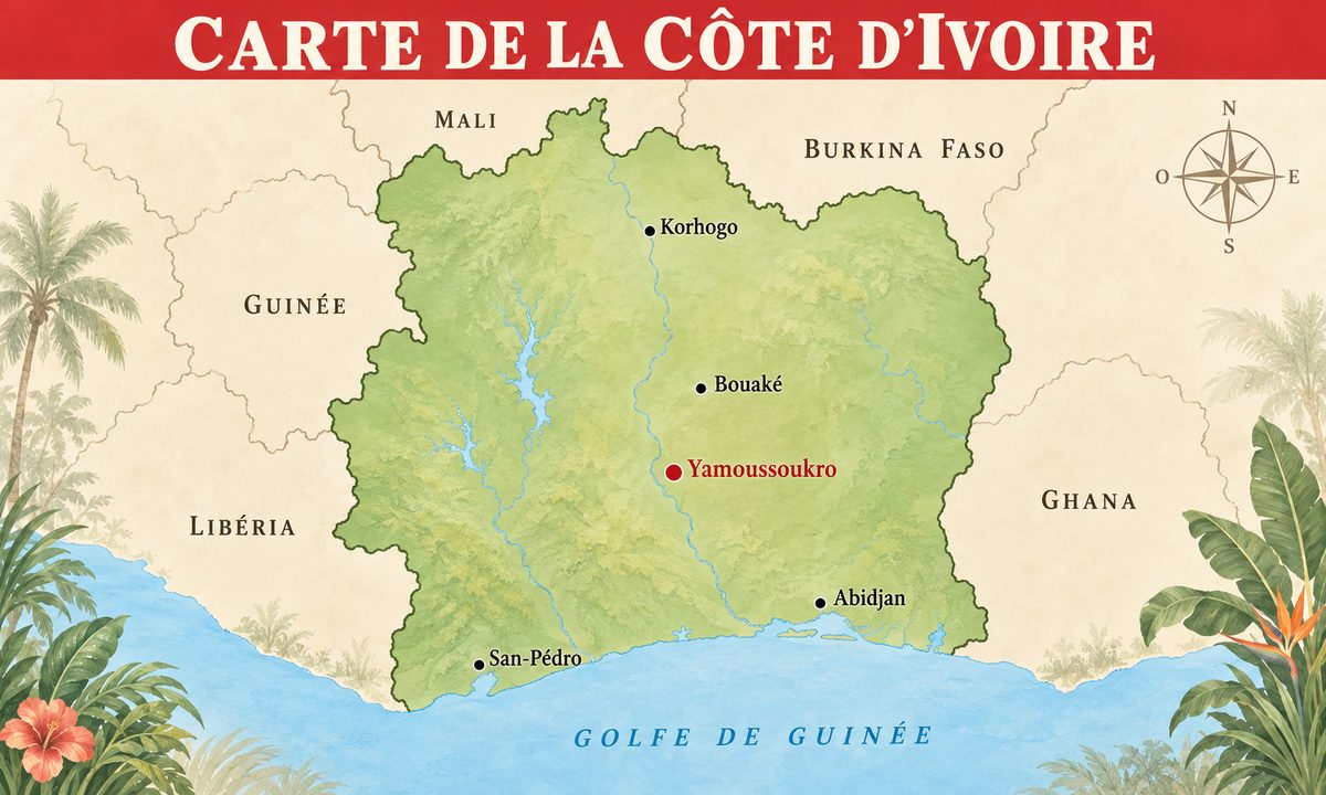 Carte de la Côte d’Ivoire HD à télécharger : villes, littoral et frontières